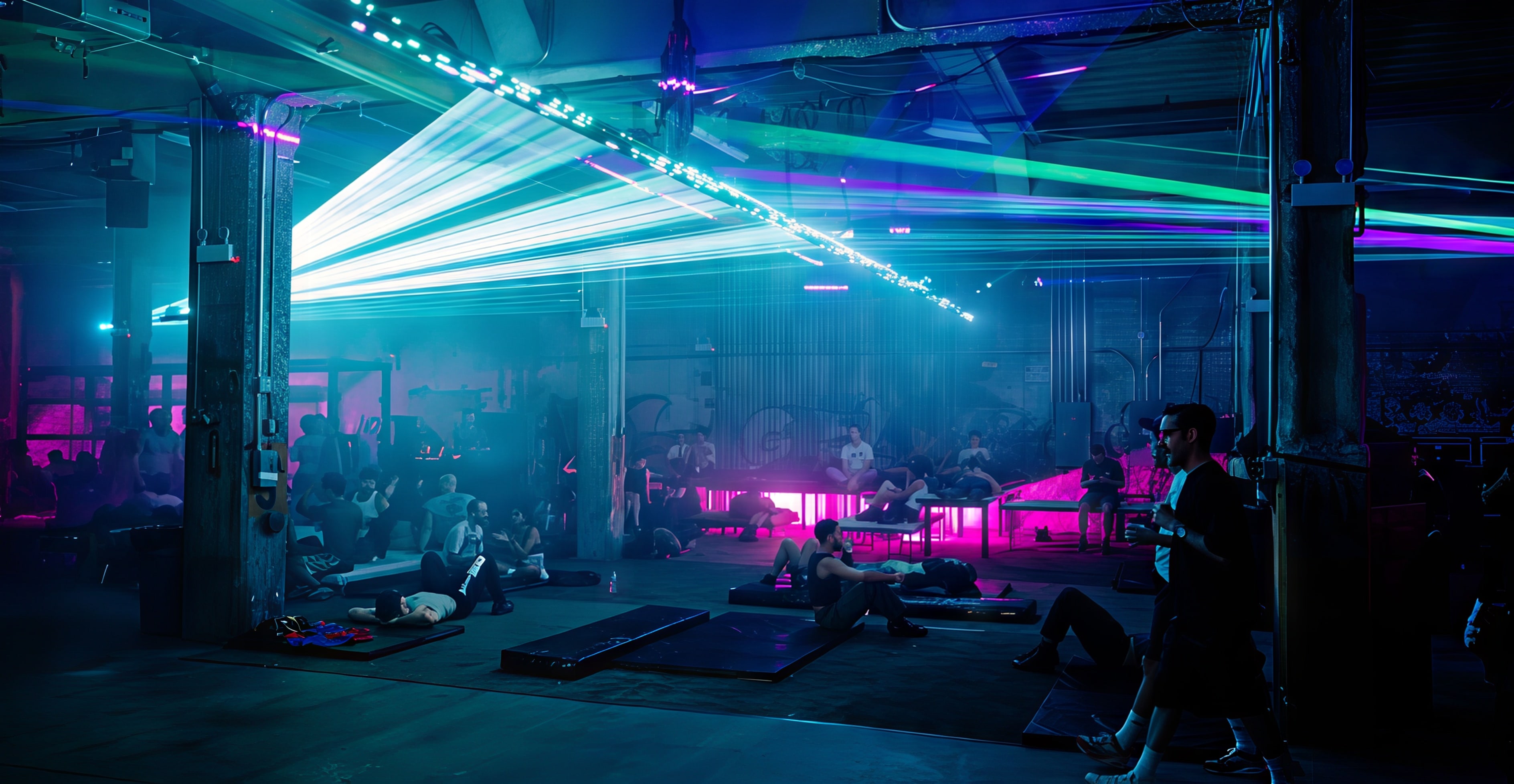 A wide view of the dance space filled with people reclining and chatting under vibrant aqua and magenta lasers.